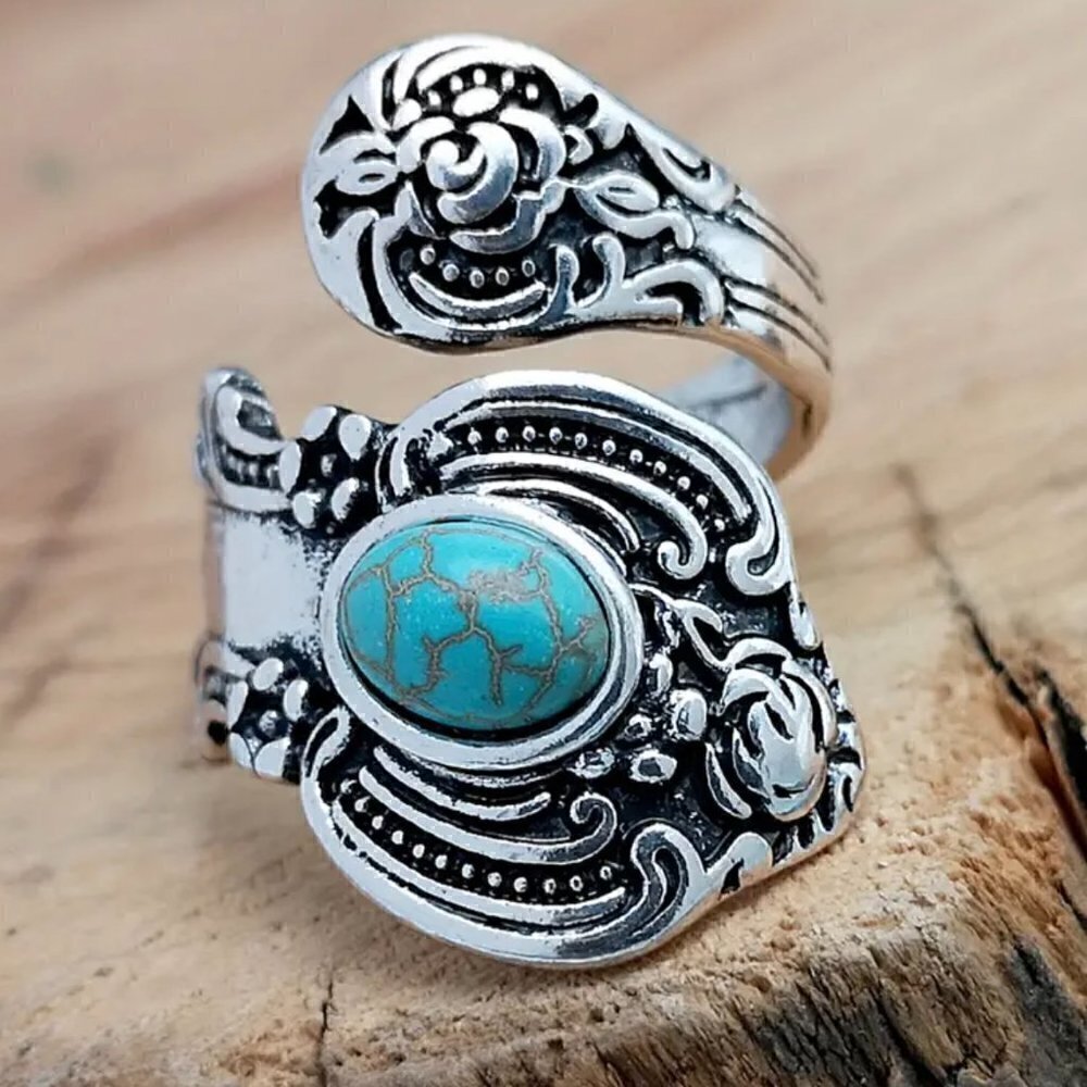 Boho Rose and Flowers with Faux Turquoise Adjustable Spoon Ring #1221